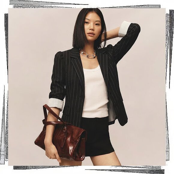 Free People Jackets & Blazers - Vintage 2012 Wool Blend Black w Gray Pinstripe Jacket w Subtle Puff Sleeves (6)